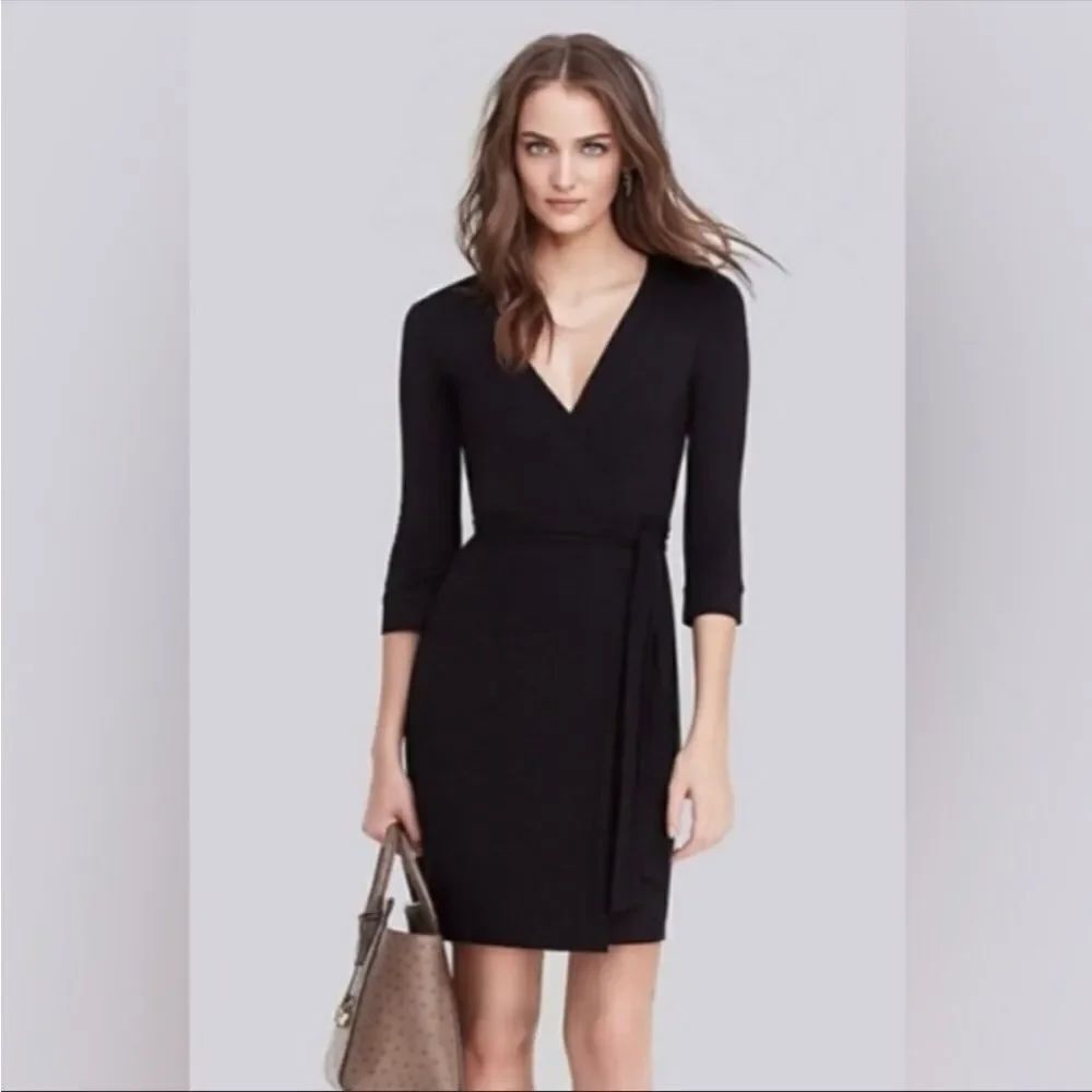 DIANE VON FURSTENBERG | Julian Black Wrap Dress 3/4 Sleeve V-Neck Women’s Size S